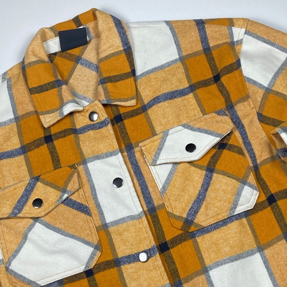 HFX Mens Plaid Flannel Shirt Jacket Mustard Yellow Snap Front Shacket Size M